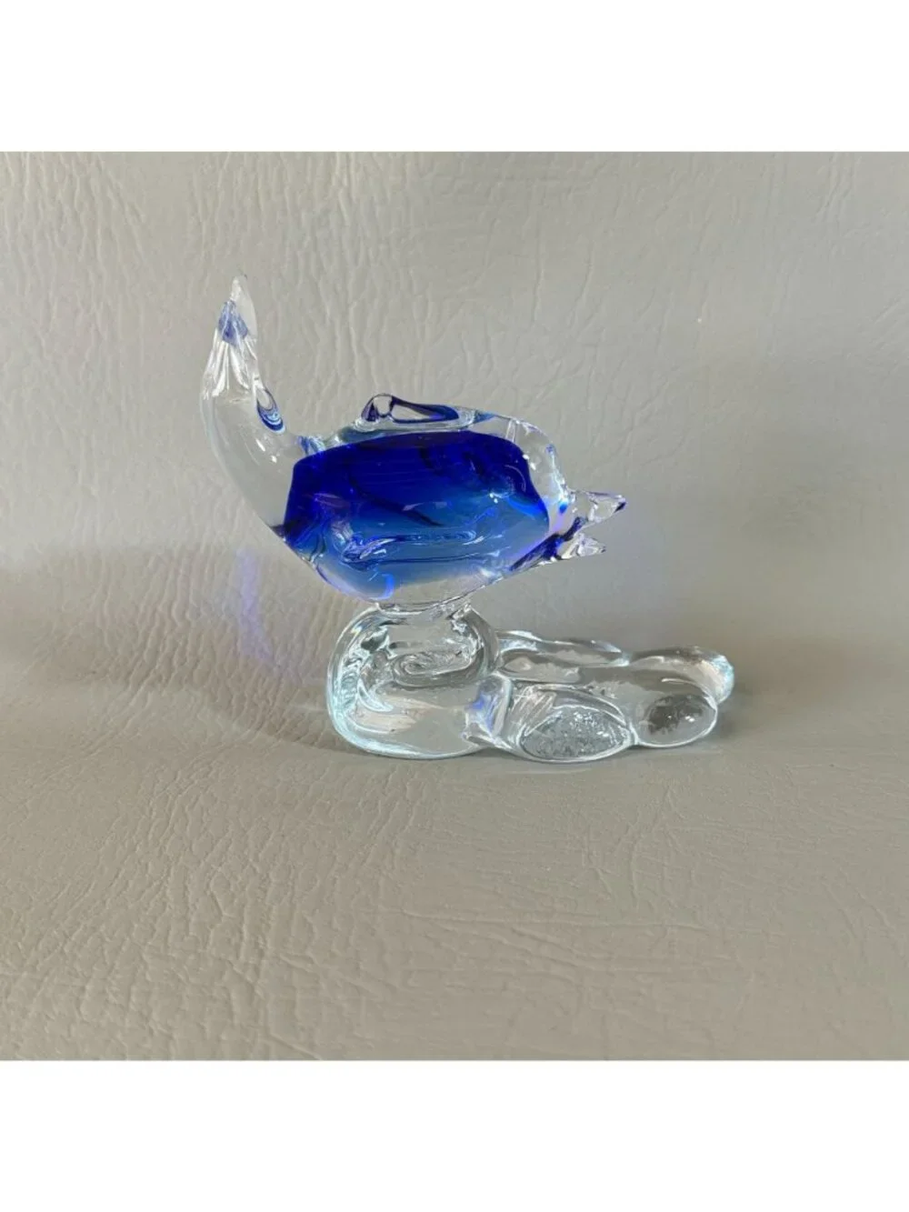 Retro Cobalt Blue Encased Glass Dolphin Figurine Abstract Wave Paperweight
